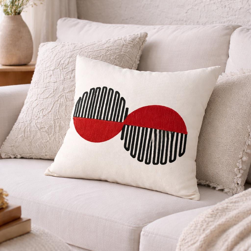 Modern Geometric Pillow Cover | Red Black Abstract Circles, Bauhaus Accent Pillow Case